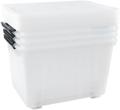 Clear Plastic Storage Bins With Wheels, 50 L, 4-Pack | Stackable Large Rolling Tote Containers, Clear Lids for Closet, Garage, Dorm, Laundry Room Organization