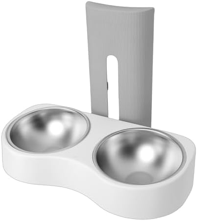 Wall Mounted Dog Bowls, Raised Cat Double Stainless Steel Bowl, Elevated Food and Water Bowls Feeder Station with Durable Design, Ideal for Small Pets & Kitten Feeding (Grey White)