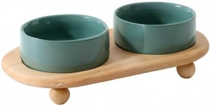 Havniva Ceramic Elevated Cat Food and Water Bowl, Kitty Bowl, Raised Cat Dish, Pet Feeder (5.1 in, 2 x Dark Green + Stand)