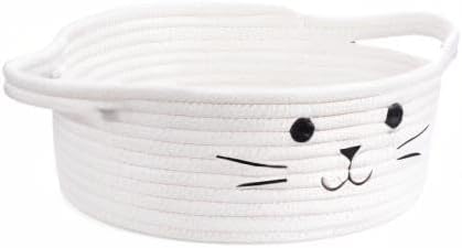 Small Woven Rope Cat Toy Basket with Cat Face Design, White | 9.8" x 4" Cute Toy Storage Bin for Living Room & Nursery, Pet Gift Basket Empty with Sturdy Handles