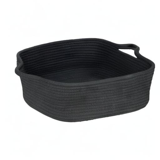 XUANGUO Medium Woven Cotton Rope Storage Basket with Handles, Black | Small decorative rectangle storage bin for baby nursery items and cat toys; ideal as an empty gift basket or dog toy basket