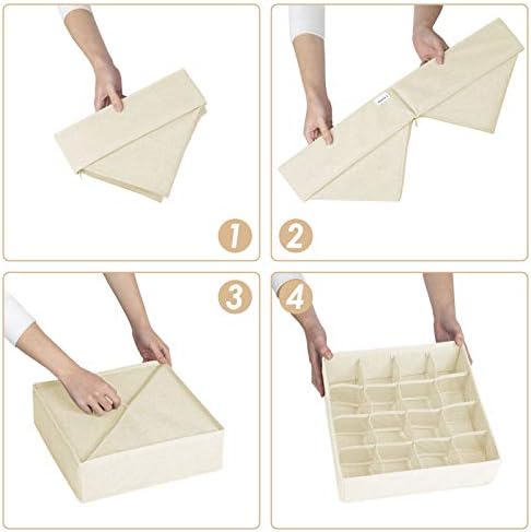 Criusia 3 Pack Sock Underwear Drawer Organizer Dividers, 64 Cell Fabric Foldable Cabinet Dresser Closet Organizers and Storage Boxes for Organizing Socks, Underwear, Ties (16+24+24 Cell, Beige)