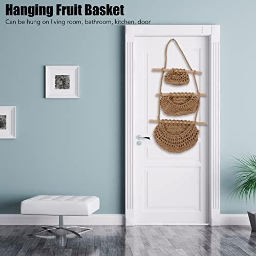 Hanging Fruit Basket 3 Tier Wall Mounted Handcraft Hemp Rope Wood 3 Tier Hanging Wall Basket for Toys Pet Plush Toys Dolls , Over the Door Hanging Basket , 3 hanging basket nursery organizers and s