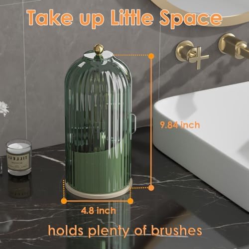 YOOLENS Makeup Brush Holder with Lid 360 Rotating Clear Dustproof Make Up Organizers for Vanity Bathroom Countertop, Green Beige