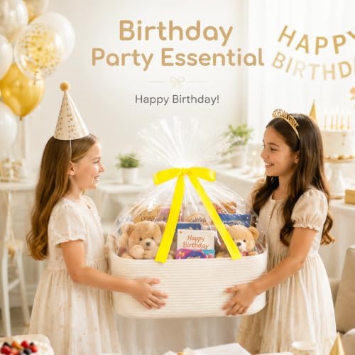 OIASKET Empty Cotton Rope Gift Basket with Handles, 15.4"x11.4"x6.7" Decorative Woven Storage Basket with Gift Bag and Ribbon Set for Baby Shower, Toy Organizer for Kids, Dogs & Cats - Medium White