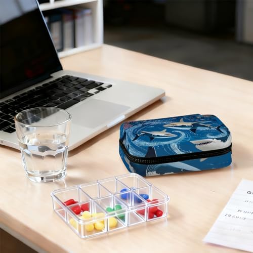Weekly Pill Organizer Travel Size Bag with Removable 7 Day Pill Box Portable Vitamin Case Purse with Zipper,Sharks Underwater Coral Fish
