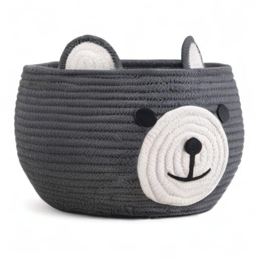 CherryNow Baby Basket for Gifts Empty, Cute Bear Design, Grey | 10.5" x 8.5" Woven Rope Baby Shower Basket, Fits Living Room Nursery Decor, Gift Baskets Empey for Kids Boys