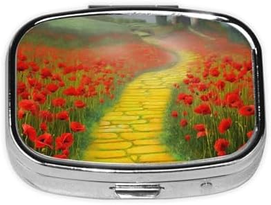 Poppies Field Yellow Brick Road Pill Box 2 Compartment Medicine Pill Organizer Square Pill Case for Purse & Pocket Travel Pillbox Portable Metal Medicine Vitamin Fish Oil Organizer Unique Gift
