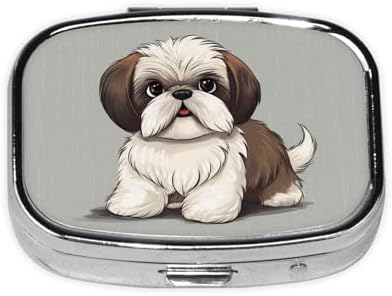 Shih Tzu Dog Pill Box 2 Compartment Medicine Pill Organizer Square Pill Case for Purse & Pocket Travel Pillbox Portable Metal Medicine Vitamin Fish Oil Organizer Unique Gift