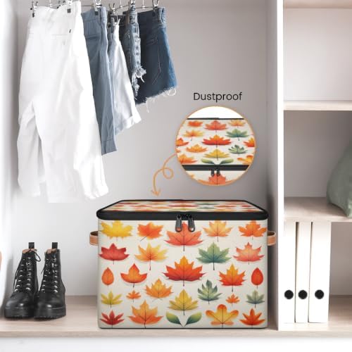 Fall Collapsible Fabric Storage Bin with Zipper Lid | Storage Basket, Foldable, Waterproof, Handle, Large, Closet Organizer, Home, Fall Maple Leaves
