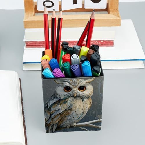 Cute Owl Pen Holder for Desk Decor, Rectangular PVC Leather Pencil Cup for Desk Pen Organizer, Makeup Brush Holder for School, Home, Office