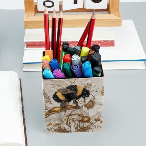 Bee and Mushroom Pen Holder for Desk Decor, Rectangular PVC Leather Pencil Cup for Desk Pen Organizer, Makeup Brush Holder for School, Home, Office