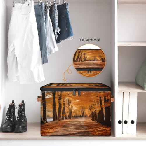 Fall Landscape Collapsible Fabric Storage Bin with Lid | Storage Basket, Foldable, Waterproof, Handle, Large, Closet Organizer, Home, Forest Autumn