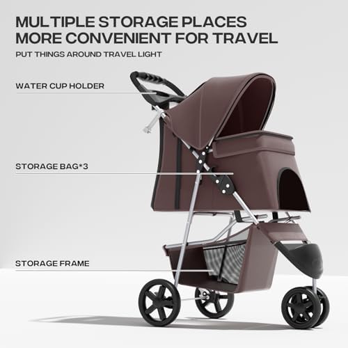 Foldable 3-Wheel Pet Stroller for Small/Medium Dogs & Cats, Coffee | Storage Basket & Cup Holder, Breathable Mesh Cover, Lightweight and Durable, for Small to Medium Pets, up to 33 lbs