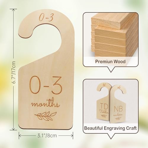 Wooden Double-Sided Baby Closet Dividers for Baby Clothes Organizer, 0-24M | Set of 8, Size Ranged from NB to TD, Gender Neutral Design, Fits for Almost Closet Rods, Gift for Baby Shower and Nursery