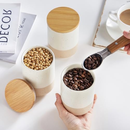 vancasso Sabine Ceramic Canister Set with Airtight Wood Lids - 4-Piece Small Kitchen Storage for Coffee, Sugar, Tea & Spices (18 oz Each) - Compact Countertop Jars