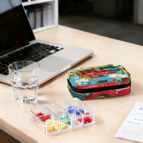 Travel Pill Organizer Vintage Red Truck Flower Small Pill Case