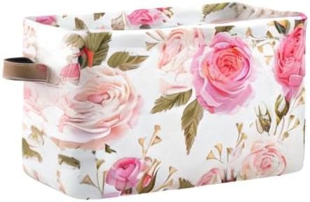 susiyo Large Foldable Storage Bin, Floral Pink Roses Fabric Storage Baskets for Shelves, Closet Organizer Bins, Decorative Baskets Clothes Storage Bin with PU Handles -2Pack