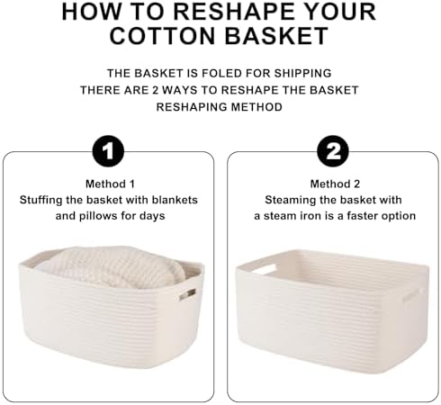 OIASKET Large Storage Basket for Organizing, Woven Rope Basket for Shelves, Closet Organizer Bins for Clothes, Blanket, Toys, Baby Nursery Storage, 17.7" x 13" x 7.87", 2 Packs White