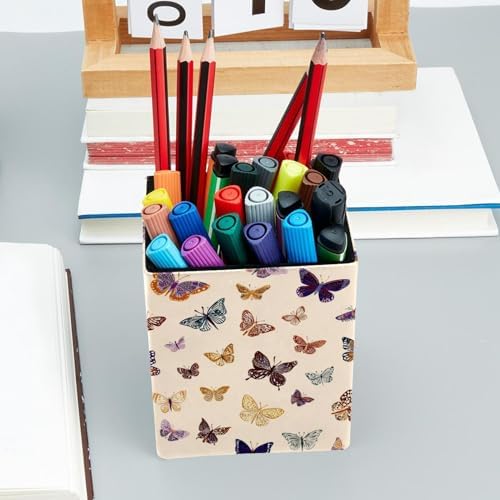 Butterfly Pen Holder for Desk Decor, Rectangular PVC Leather Pencil Cup for Desk Pen Organizer, Makeup Brush Holder for School, Home, Office