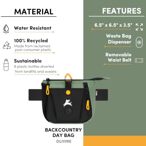 OllyDog Backcountry Day Bag | Dog Training Treat Pouch | Eco-Friendly Recycled Fabric Fanny Pack with Zipper Closure, Built-in Poop Bag Dispenser & Adjustable Waist Belt (Olivine)