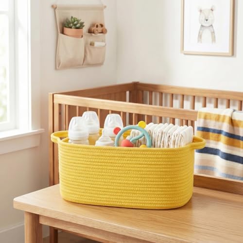 Large Yellow Gift Basket, 16.5"x12.5"x7" Woven Baskets for Gifts Empty, Cotton Rope Storage Bin for Baby Blankets, Clothes, Shoes, Dog Toy Box, Big Easter Basket, Yellow Room Nursery Decor