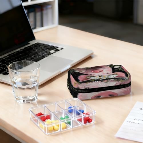 Weekly Pill Organizer Travel Size Bag with Removable 7 Day Pill Box Portable Vitamin Case Purse with Zipper,Pink Pig Flower Crown Oil Painting