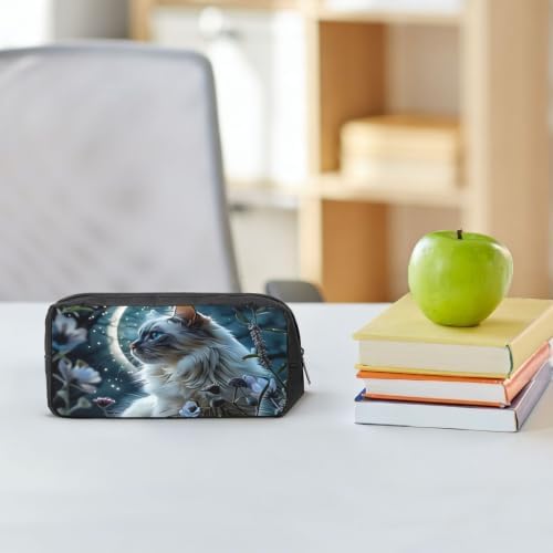 White Cat Large Pencil Case, Durable Pen Bag Zipper Organizer Pouch for Office Travel for Women Men