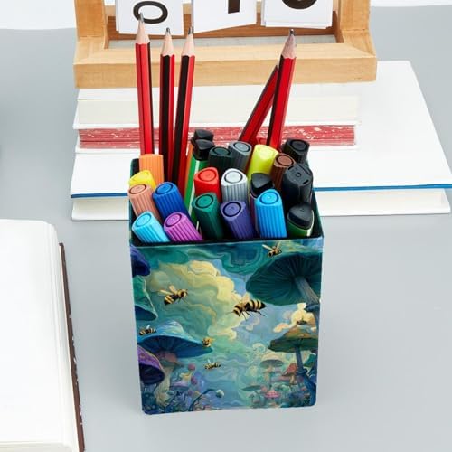 Bee Pen Holder for Desk Decor, Rectangular PVC Leather Pencil Cup for Desk Pen Organizer, Makeup Brush Holder for School, Home, Office
