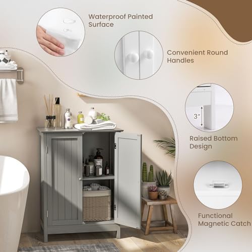 COSTWAY Bathroom Storage Cabinet, Freestanding Bathroom Organizers and Storage with Doors & Adjustable Shelf, Wooden Floor Cabinet for Home, Living Room, Entryway, Kitchen (Grey) | Storage with Doors & Adjustable Shelf, Wooden Floor Cabinet for Home, L...