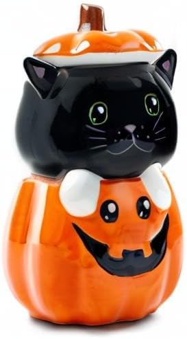 Dolomite Ceramic 11 x 6.3 Halloween Cookie & Candy Jar with Airtight Lid: Perfect for Kitchen Canisters, Pet Treat Containers & Fall Decorative Candy Dish, Black Cat Pumpkin