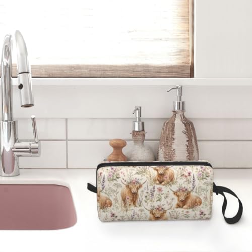 Highland Cow Wild Flowers Makeup Bag for Women | Small Travel Cosmetic Pouch with Zipper, Compact Makeup Organizer Bag for Purse, Toiletries, Skincare & Daily Essentials