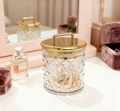 Acrylic Storage Jar with Gold Lid – Airtight Clear Canister for Bathroom & Vanity | Apothecary Jar for Qtips, Cotton Pads, Bath Salts, Snacks & Small Essentials 4.8"