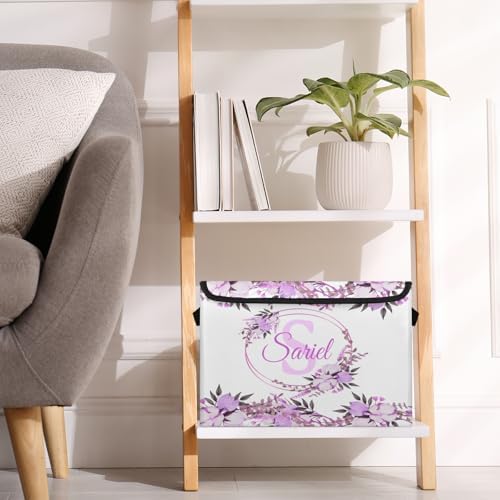 Purple Flower Storage Bin with Lid Personalized Storage Baskets for Organizing Foldable Closet Organizers with Handles,Cute Basket for Boys Girls for Clothes Blanket Pet Dog Toy Basket Storage 2 Pack