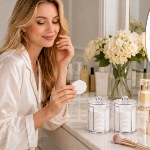 2 Pcs Cotton Round Holder with Lid Plastic Pad Dispenser | Clear Makeup Remover Pads Container, Storage Organizer for Bathroom Vanity, Plastic Jar, for Makeup Remover Pads