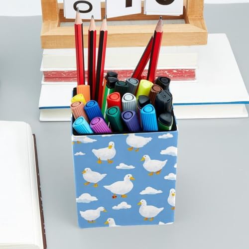 Cute Duck Pen Holder for Desk Decor, Rectangular PVC Leather Pencil Cup for Desk Pen Organizer, Makeup Brush Holder for School, Home, Office