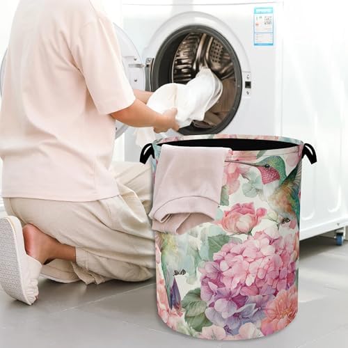 Hummingbird Laundry Hamper,Pink Flower Floral Dirty Clothes Laundry Basket with Handles Waterproof Oxford Cloth Storage Basket for College Dorms Bathroom Bedroom 16" x 20.8"