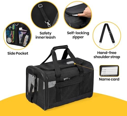 Conlun Dog Carrier Soft Sided, Large Cat Carrier with Inner Safety Leash, Pet Transport Carrier for Large Cats and Medium Dogs up to 20 Lbs, Collapsible Travel Puppy Carrier Bag -Black L | with Inner Safety Leash, Pet Transport Carrier for Large Cats a...
