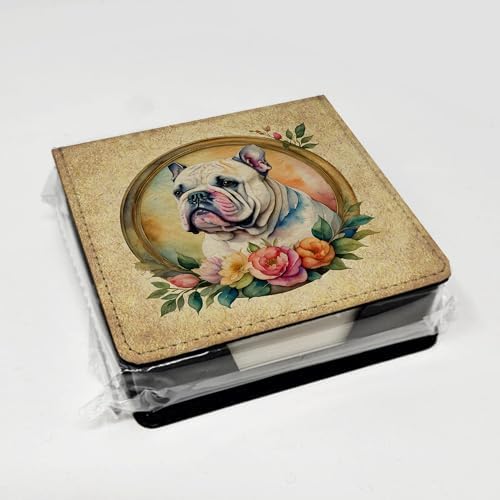 Caroline's Treasures English Bulldog and Flowers PU Leather Note Paper Holder with Artist-Designed Cover, Desk Accessory, Office Gift