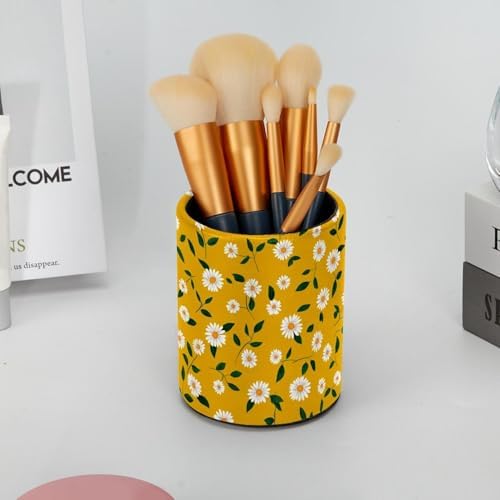 Faux Leather Pen Holder for Desk, Pencil Organizer Daisy Pen Cup Desk Decor Makeup Brush Holder Storage for Office Home