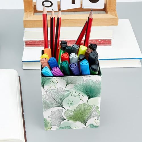 Ginkgo Leaves Pen Holder for Desk Decor, Rectangular PVC Leather Pencil Cup for Desk Pen Organizer, Makeup Brush Holder for School, Home, Office