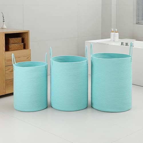 Laundry Basket Hamper Tall Rope Storage Woven for Blanket toys Dirty Clothes in Living Room Bathroom Bedroom (Cyan, 80L/21.3Gal)