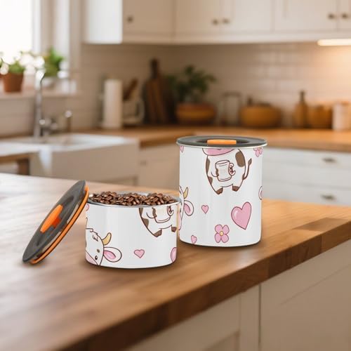 Cute Cartoon Cows Coffee Canister with Lid Airtight Food Storage Containers 17oz Stainless Steel Canisters Kitchen Food Organizer for Beans, Cereal, Pasta, Flour, Sugar, Snacks