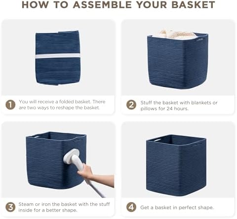 joybest 13inch Cube Storage Bins, Cotton Rope Woven Organizer Basket | Set of 4 Cube Bin Square Shelves Organizer Closet Storage, Nursery, Toy Organization, Navy Blue