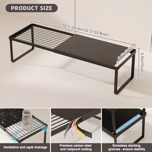 Magheo Expandable Cabinet Shelf Organizer, 1 Pack Stackable Kitchen Counter Shelf Riser, Metal Spice Rack Heavy Duty Countertop Organizer Storage for Kitchen, Pantry, Cupboard, Rv (5.9in Height,Black)