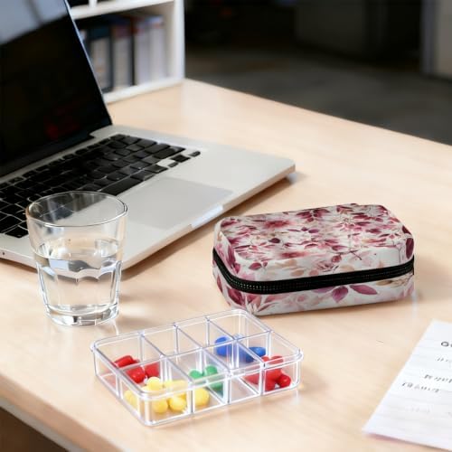 Travel Pill Organizer Watercolor Pink Red Leaf Flower Pill Case