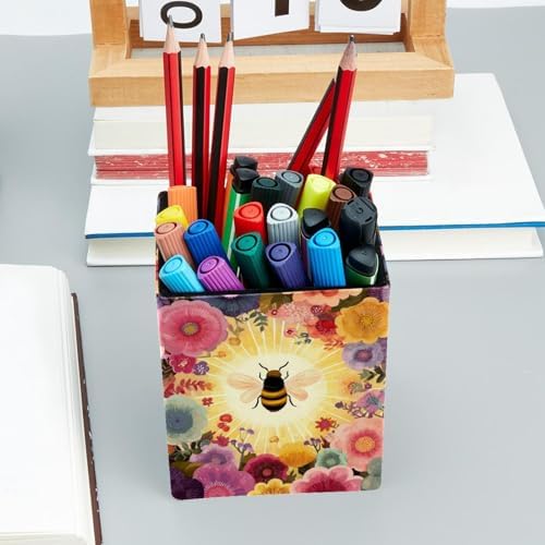 Bee Pen Holder for Desk Decor, Rectangular PVC Leather Pencil Cup for Desk Pen Organizer, Makeup Brush Holder for School, Home, Office