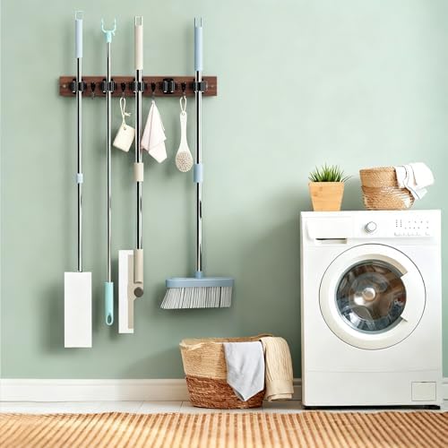 Broom Holder Wall Mount, Rustic Wood Broom Hanger with 5 Racks and 4 Hooks, Laundry Room Organization and Storage, Mop Holder for Home Decor, Garden, Garage, Kitchen, Closet (Black walnut Wood)
