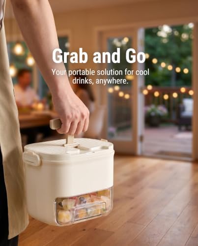 Ice Cube Tray with Storage Bin, One-Press 52-Grid, Beige | Food-grade PET, odor-free sealed lid, drawer access, portable handle, ice scoop, space saving mold for whiskey & cocktails
