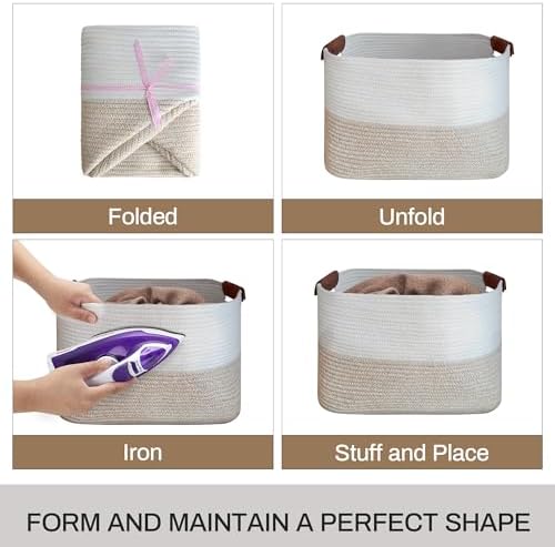 Large Cotton Rope Storage Basket with Leather Handles, Laundry Hamper Basket, 20 "L x 14" W x 12 "H, Durable & Stylish Organizer for Home.(Large Light Khaki)